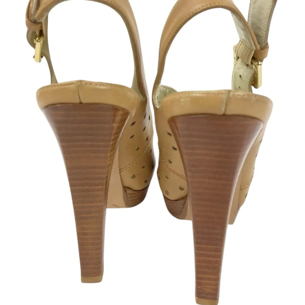 Stuart Weitzman Tan Leather Cutout Platform Heels Peep Toe Women’s Size 9 in EUC